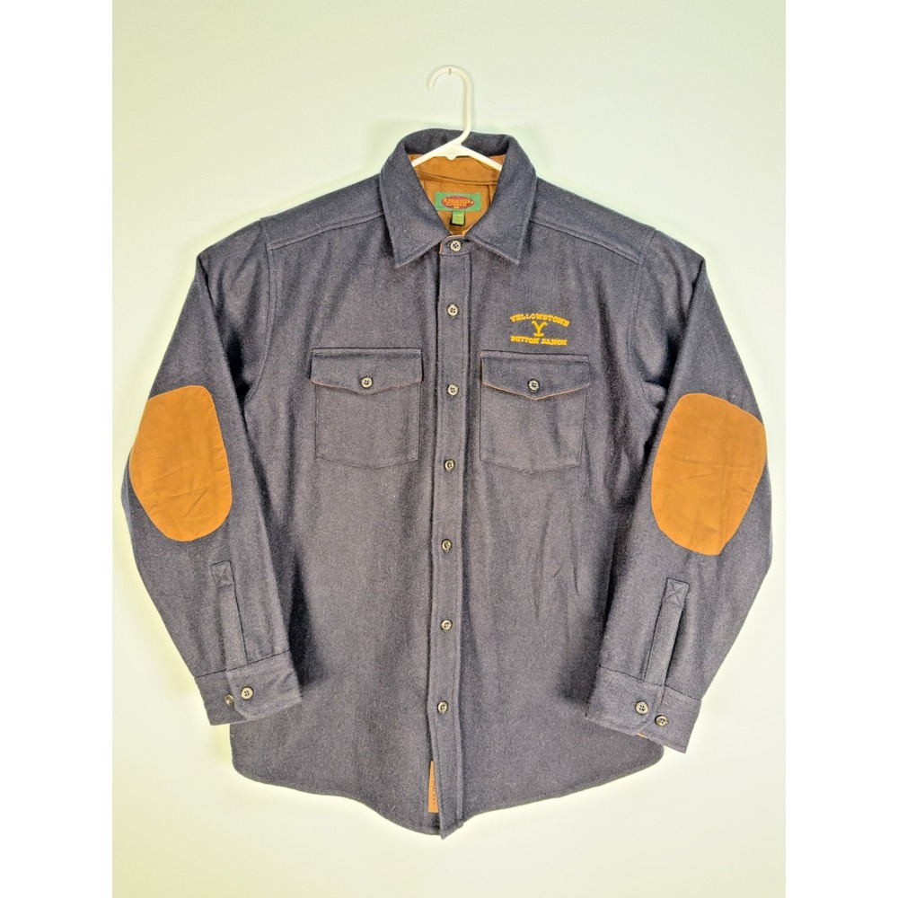 Yellowstone Dutton Ranch Men Button Up Shirt XL  Navy Wool Blend Flannel Patches